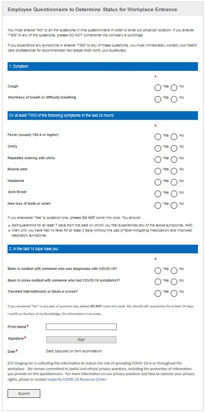 Employee questionnaire to determine status for workplace entrance